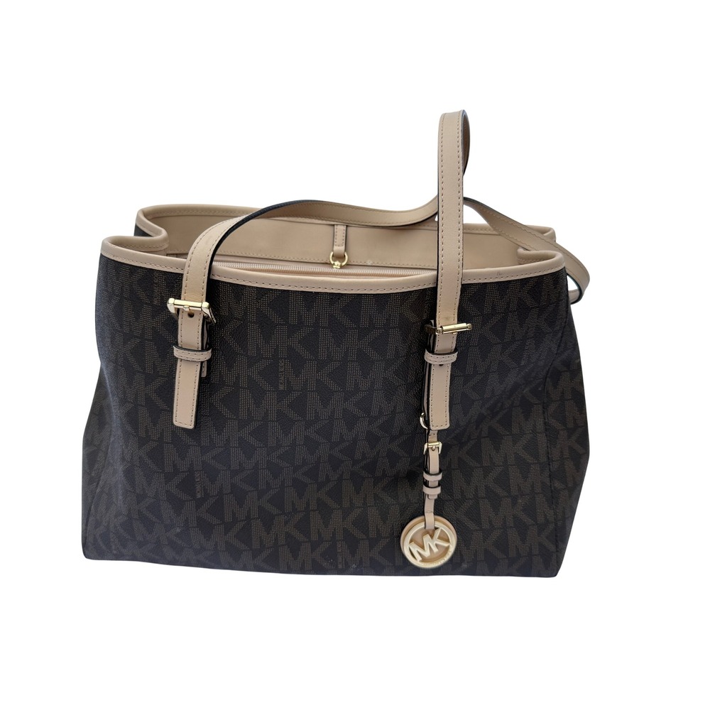 Michael Kors Voyager Medium Logo Tote Bag Brown Monogram Acorn Leather Trim